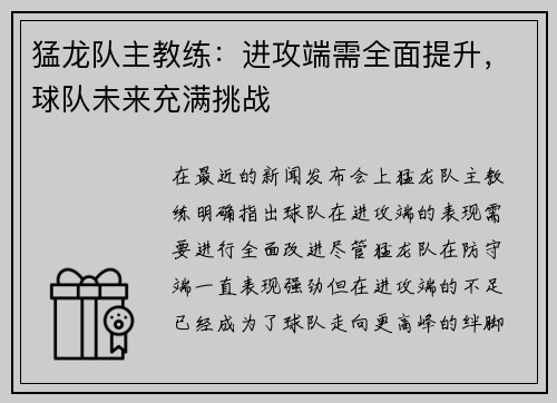 猛龙队主教练：进攻端需全面提升，球队未来充满挑战