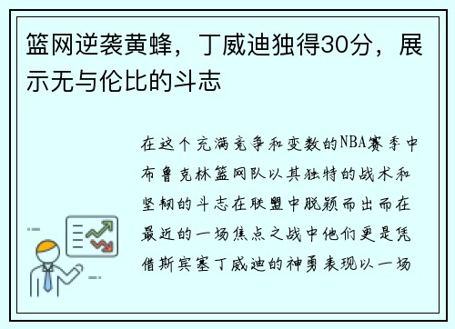 篮网逆袭黄蜂，丁威迪独得30分，展示无与伦比的斗志