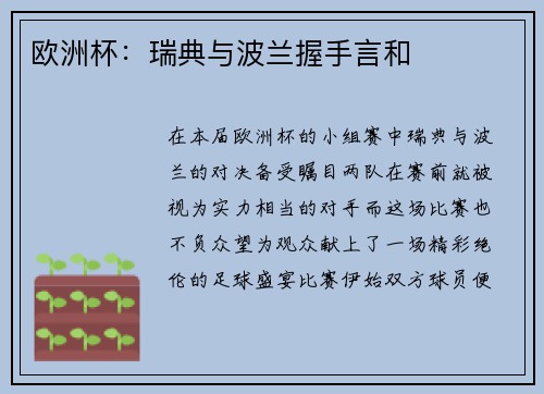 欧洲杯：瑞典与波兰握手言和